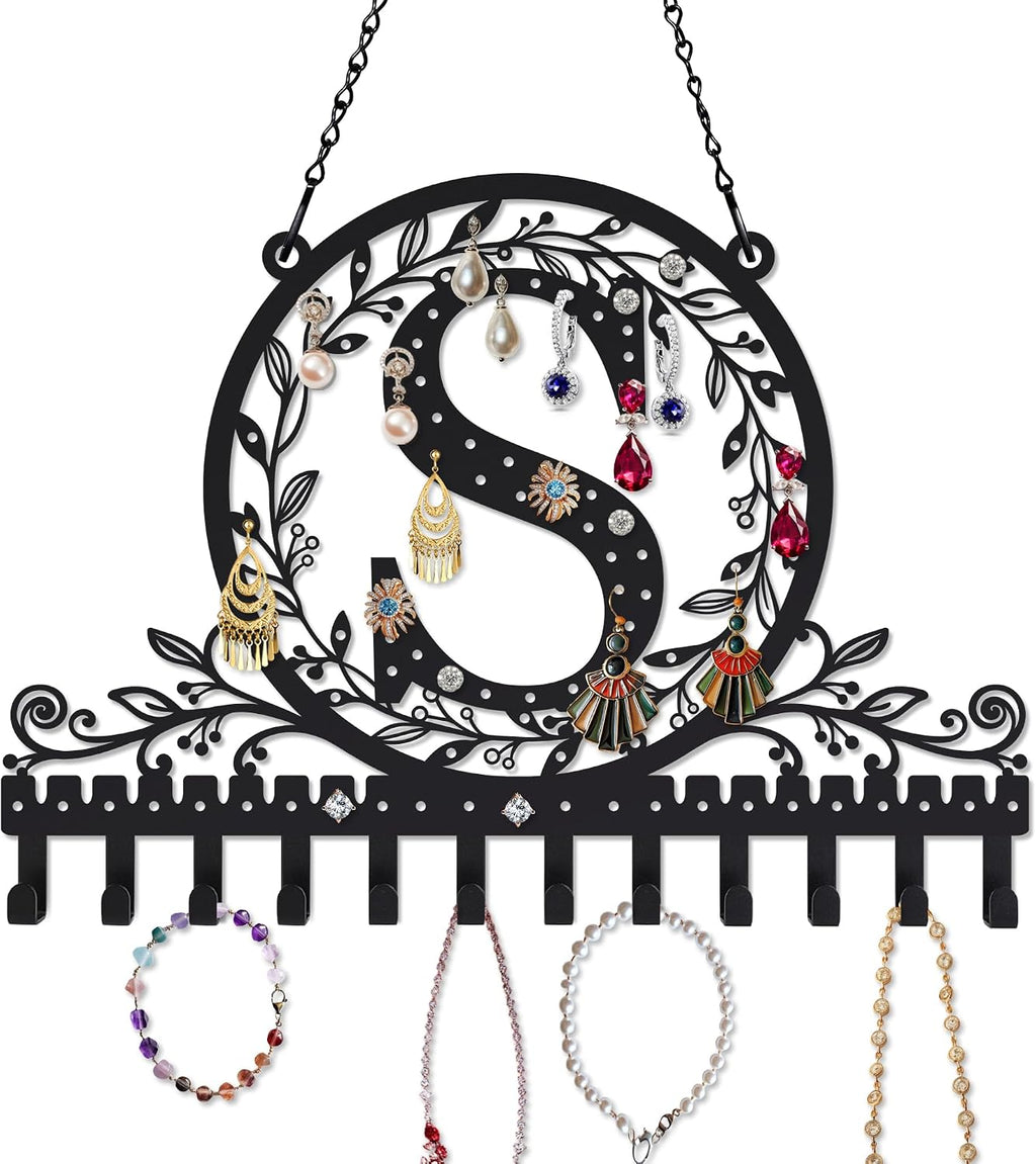 Personalized Wall Mounted Metal Initial Letter S Earring Holder Jewelry Organizer for Earrings and Necklaces Space Saving Wall Display with Hooks Jewelry Storage Bedroom Vanity Gift for Women