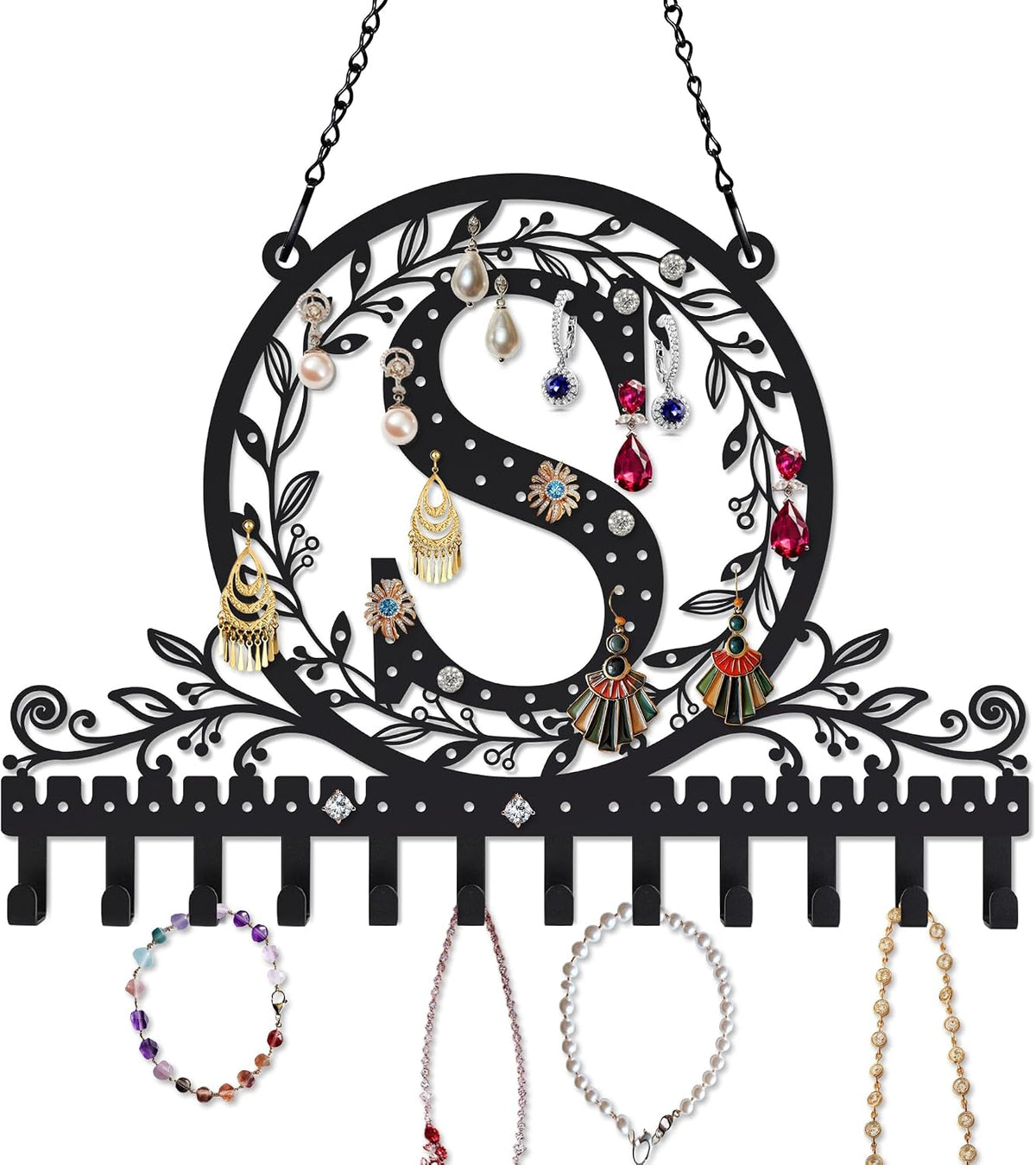Personalized Wall Mounted Metal Initial Letter S Earring Holder Jewelry Organizer for Earrings and Necklaces Space Saving Wall Display with Hooks Jewelry Storage Bedroom Vanity Gift for Women