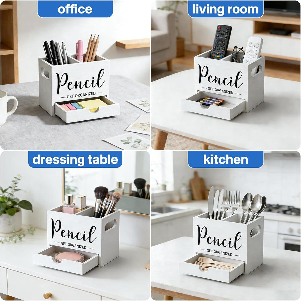 Pen Holder for Desk, Wood Pencil Organizer with Drawer, 2 Slots Dual-Purpose Desk Organizers Marker Holder Art Supplies for Home, Office(White)
