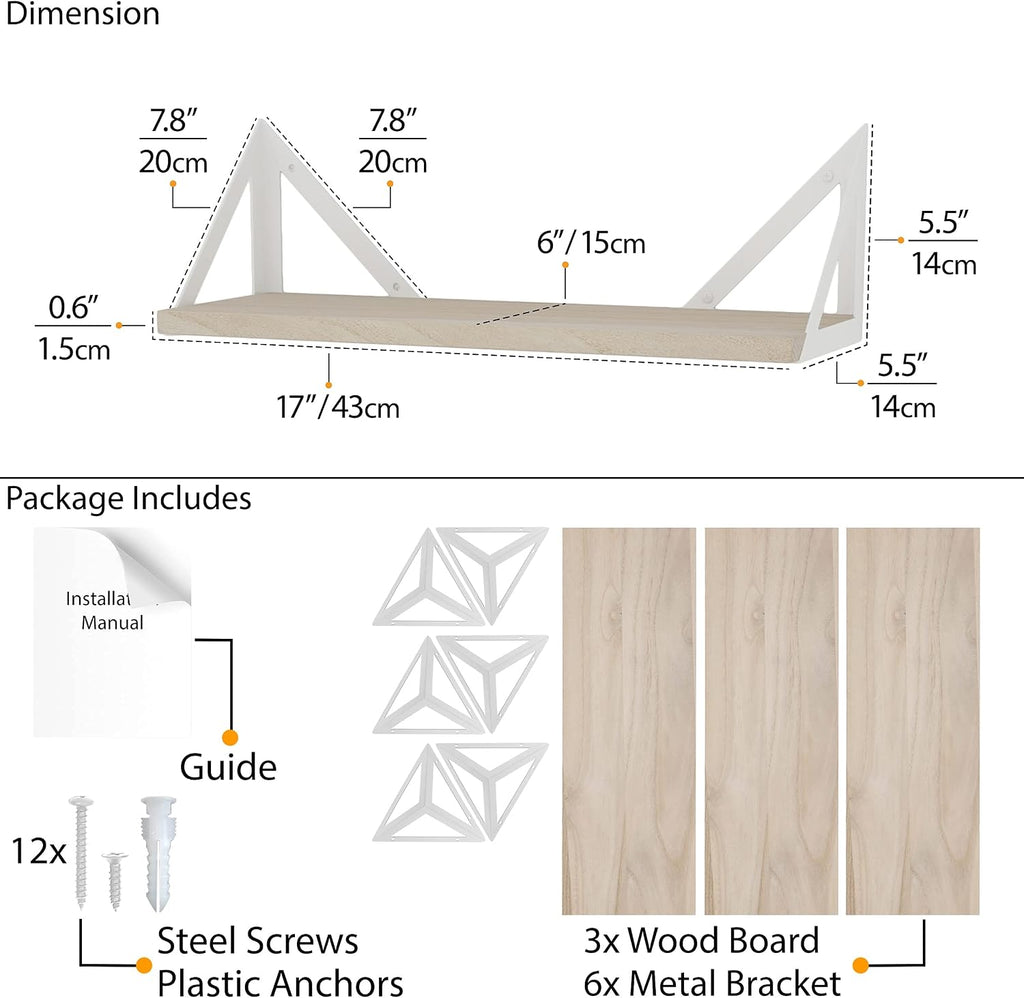 Wallniture Minori Floating Shelves for Wall Storage, Floating Bookshelf Set of 3, Bathroom and Kitchen Organizer Natural Wood Wall Shelves with White Brackets