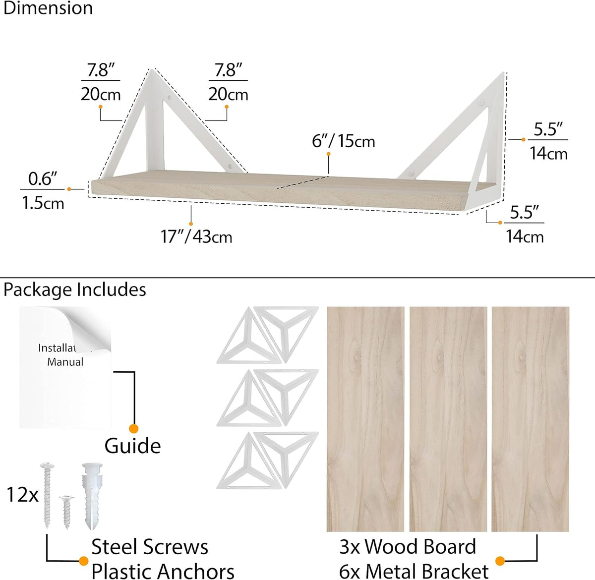 Wallniture Minori Floating Shelves for Wall Storage, Floating Bookshelf Set of 3, Bathroom and Kitchen Organizer Natural Wood Wall Shelves with White Brackets