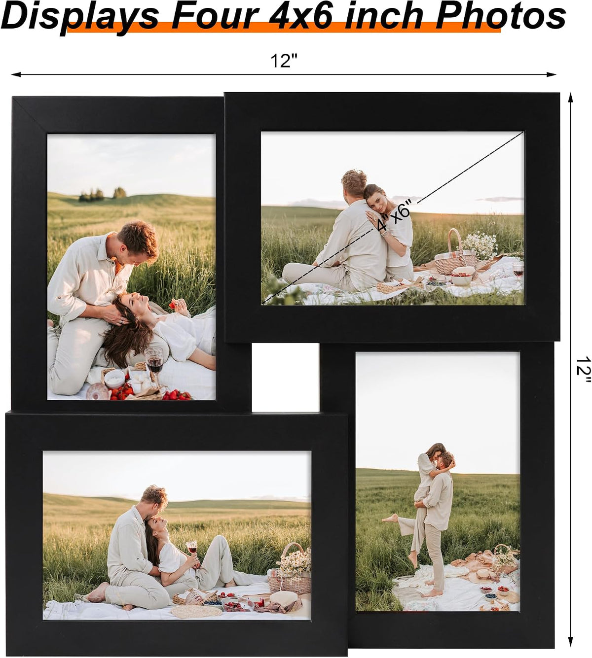 YESKAY 4x6 Collage Picture Frames Set of 1, Multi Family Photo Frame with Real Glass, Displays Four 4x6 Photo, Wall Decor Wall Hanging or Tabletop, Black