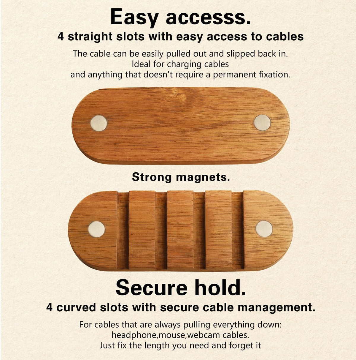 Cable Holder - Cord Organizer Cable Management Clips - Wire Holder System for Phone Chargers, USB Cables - Home, Office, Nightstand, Desk Organizer (Acacia Wood Color)