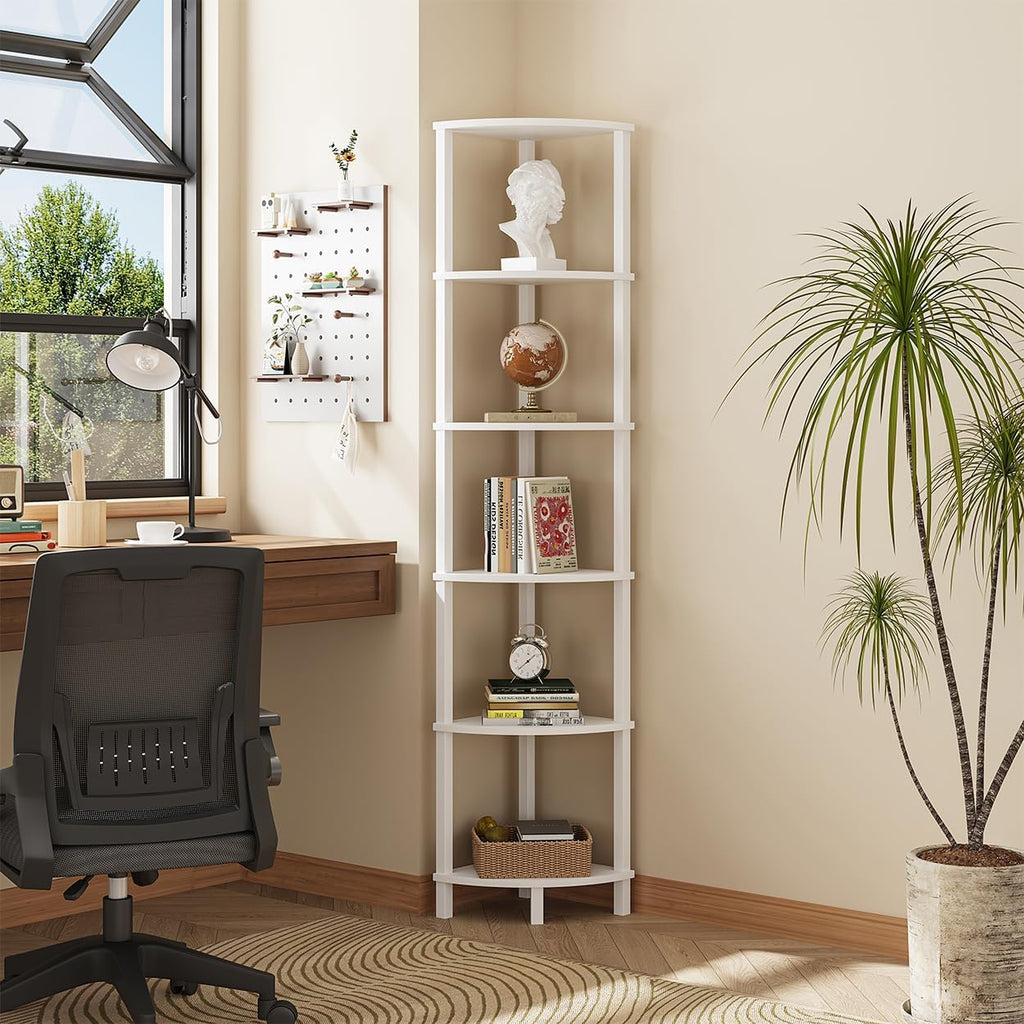 VIMBER Corner Shelf, 6-Tier Corner Bookshelf, Industrial Corner Ladder Shelf, DIY Storage Shelves, Modern Display Shelf for Living Room, Bedroom, Kitchen, Home Office, White UJSJ004W
