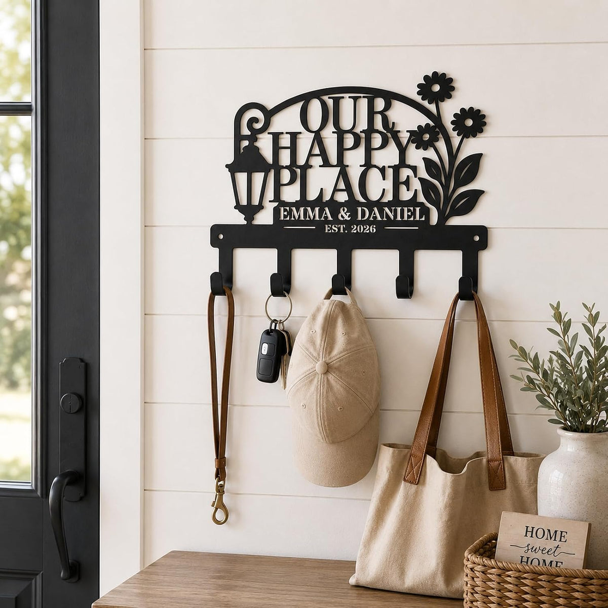 Personalized Happy Place Key Holder Custom Family Name Metal Wall Key Hooks