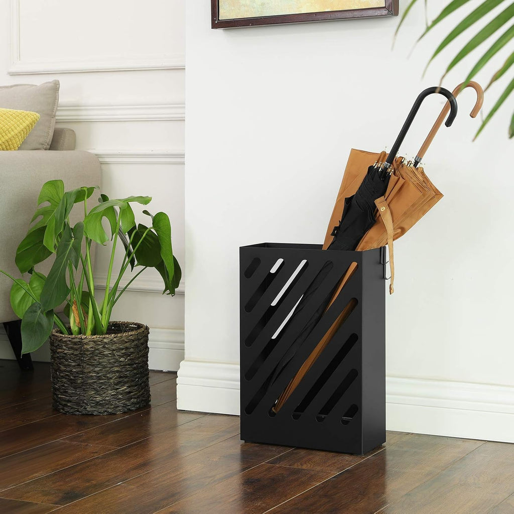 SONGMICS Metal Umbrella Stand, Rectangular, Removable Drip Tray, 4 Hooks
