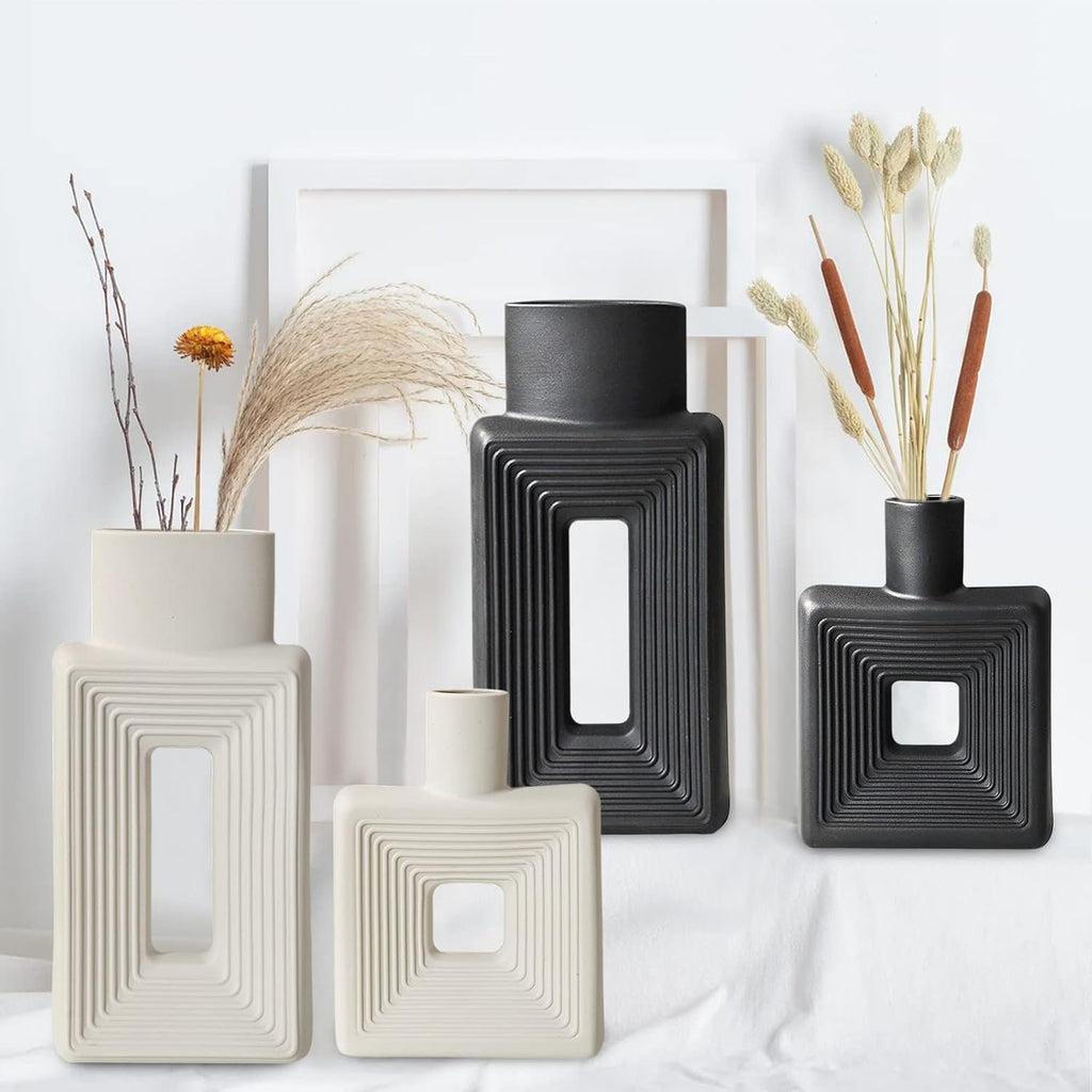 Black Ceramic Vase Set of 2，Square Vase Rustic Home Decor Minimalist Nordic Boho Style for Living Room, Shelf, Table, Bookshelf, Mantel and Entryway Decor Vases