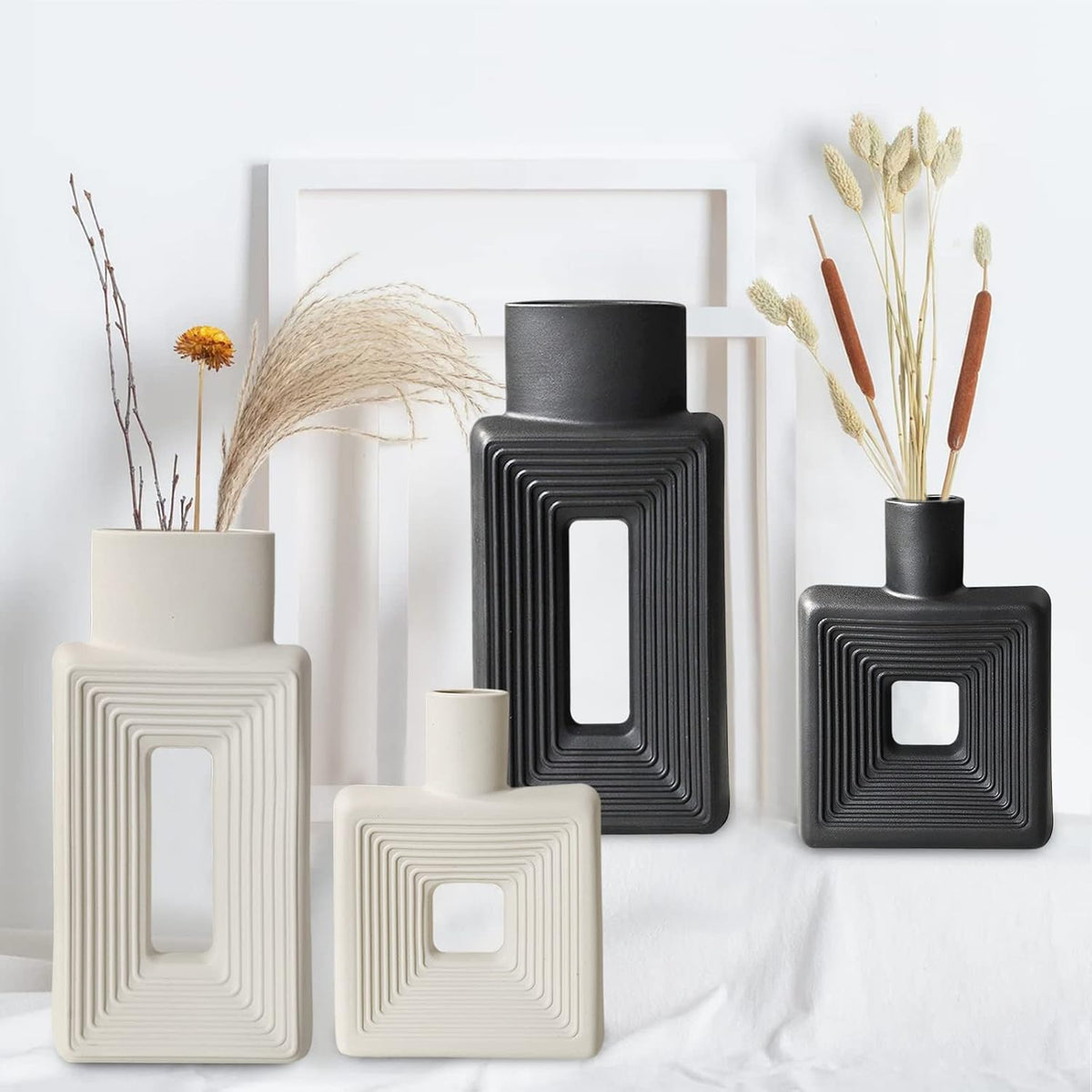 Black Ceramic Vase Set of 2，Square Vase Rustic Home Decor Minimalist Nordic Boho Style for Living Room, Shelf, Table, Bookshelf, Mantel and Entryway Decor Vases