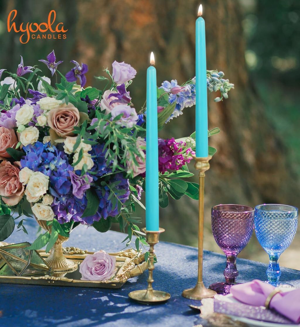 Hyoola Tall Taper Candles - 14 Inch Turquoise Dripless, Unscented Dinner Candle, Paraffin Wax with Cotton Wicks - 12 Hour Burn Time (Pack of 12) - Light Blue