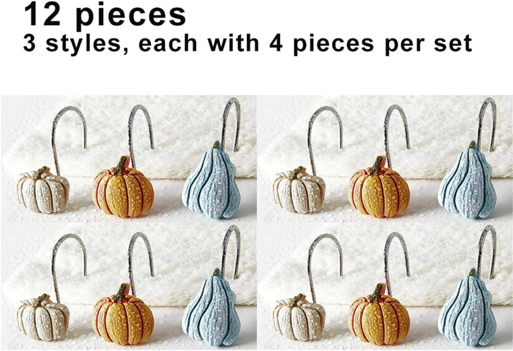 12PCS Fall Pumpkin Shower Curtain Hooks, Autumn Harvest Thanksgiving Decorative Shower Curtain Hooks, Metal Rustproof Shower Curtain Rings for Bathroom Décor