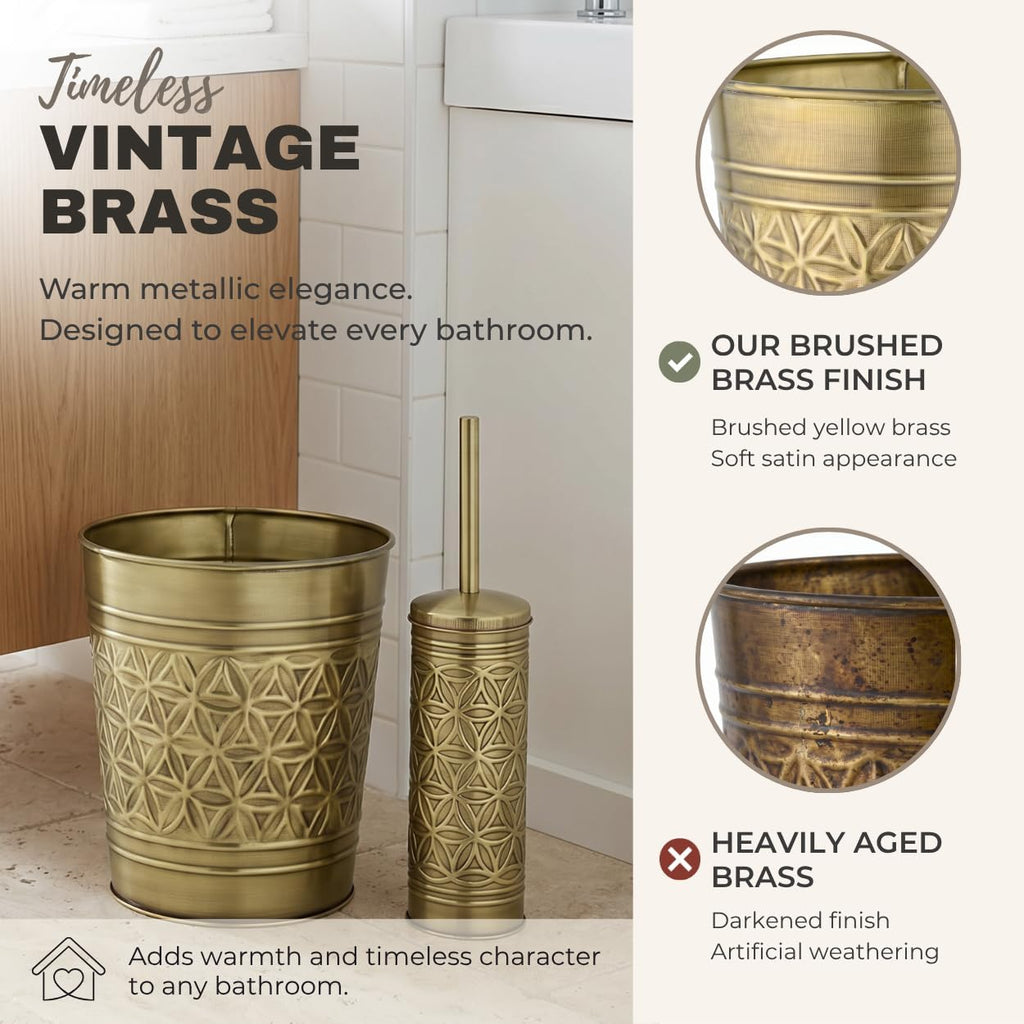 Autumn Alley Toilet Brush and Holder Set with Brushed Brass Bathroom Trash Can – Brass Bathroom Accessories Garbage Can Set for Rustic and Modern Bathroom Décor