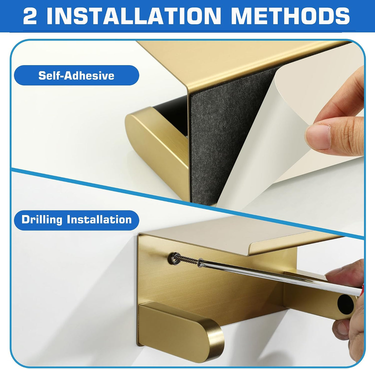 Alise Toilet Paper Holder with Shelf Wall Mount Adhesive or Screw in,Gold