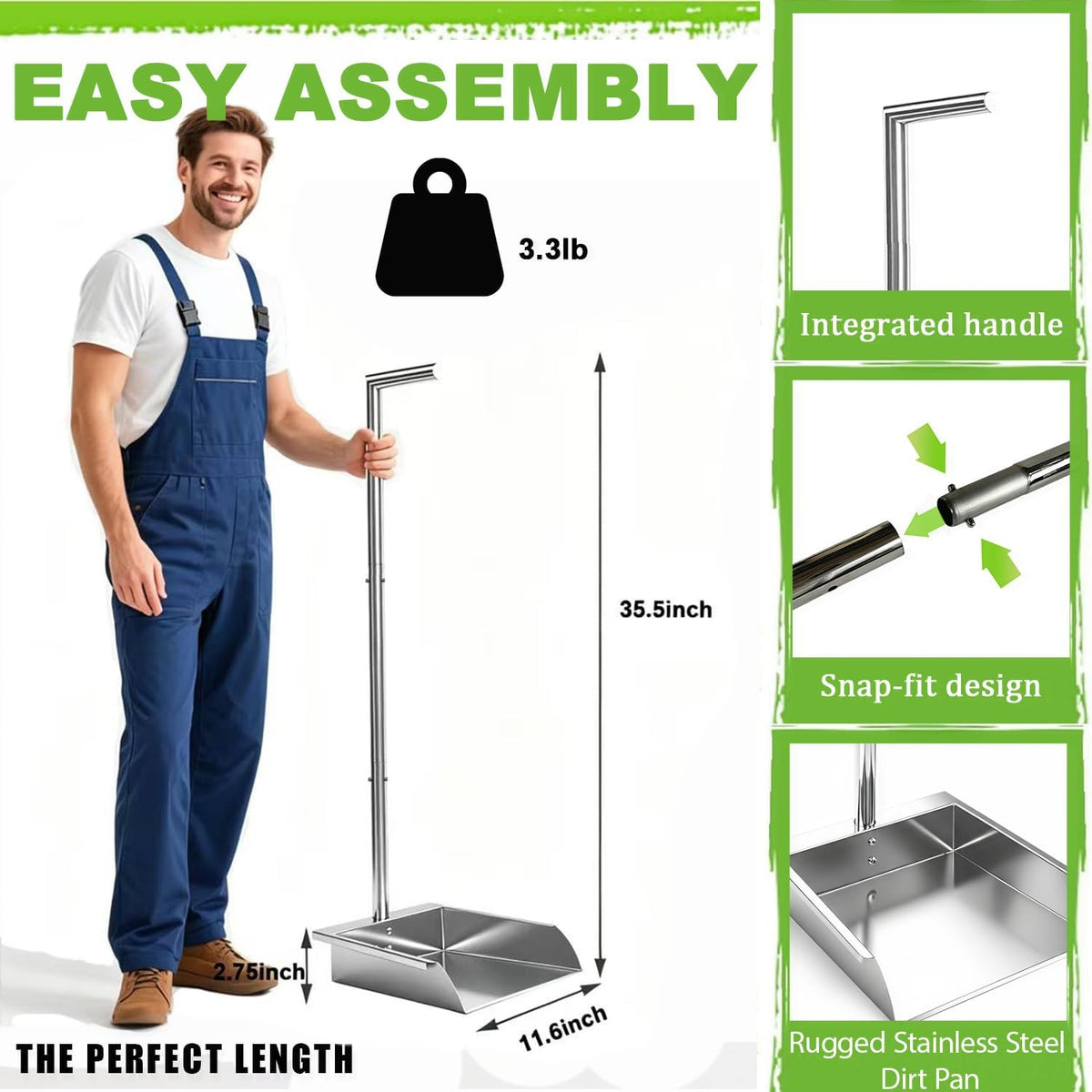 35in Heavy Duty Stainless Steel Standing Dust pan with Handle, Long Handle Metal Dustpans, Stand Up Large Dustpan for Farm, Office, Garage, Outdoor Yard, Commercial & Household Use