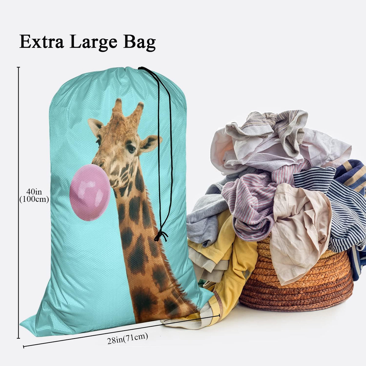 Swono Giraffe With Bubble Gum Sturdy Laundry Basket Hamper, Animals Pink Cute Wildlife Foldable Laundry bag Clothing Organization for Bathroom Bedroom Home Dorm Travel, Blue