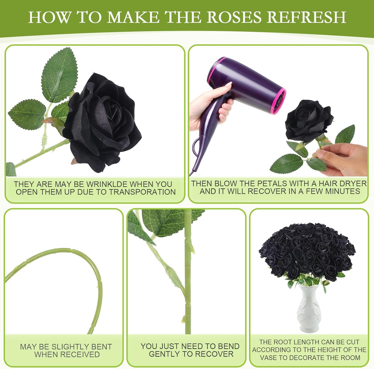 Hananona 50 Pcs Artificial Roses, Realistic Silk Black Flowers Bulk