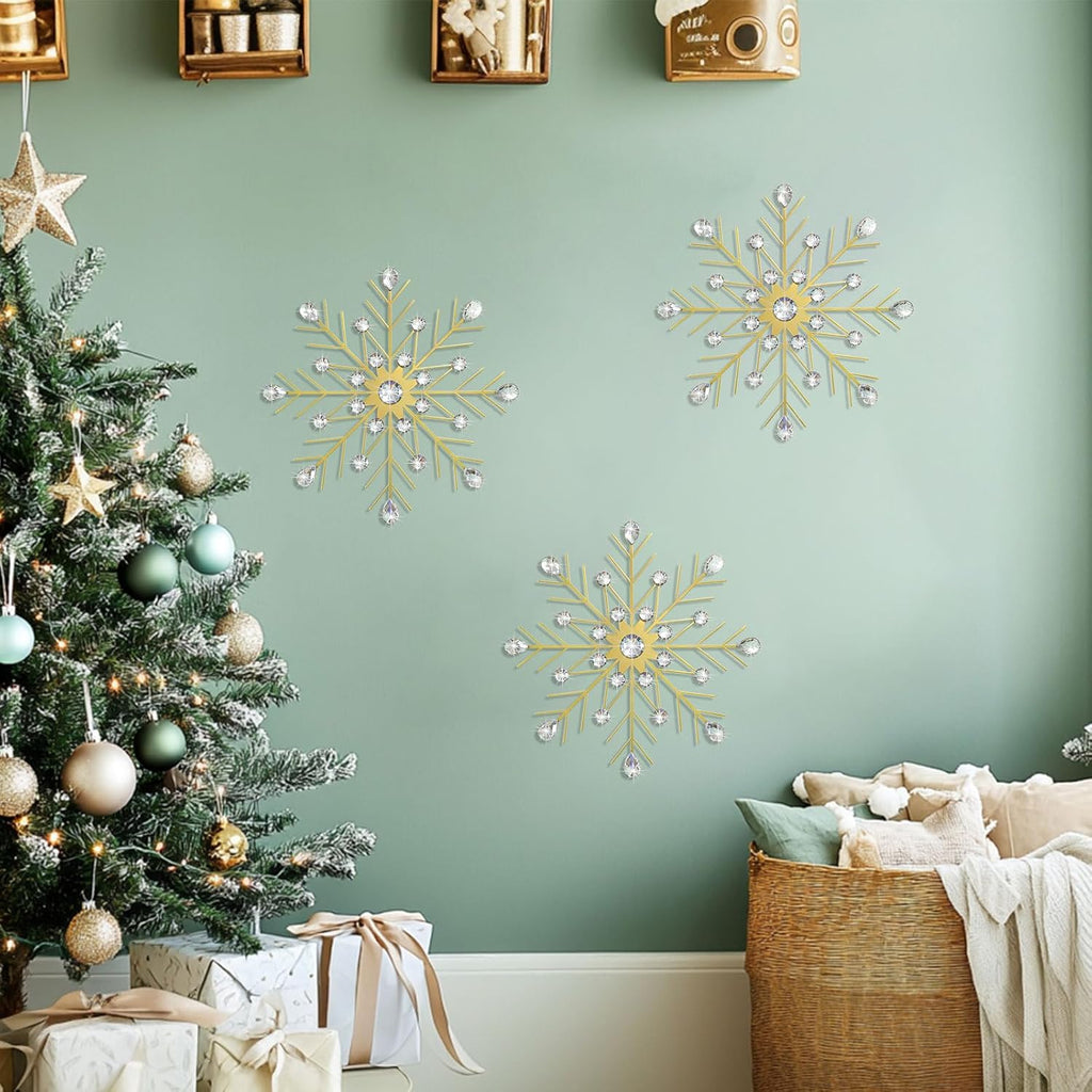 ZEXUIRU 3 Set Snowflake Wall Decor Living Room Bedroom Entryway Metal Bling, Crystal Rhinestone Starburst Sunburst Sparkling Wall Art Decor Silver Metal Christmas Decoration-Gold 13in