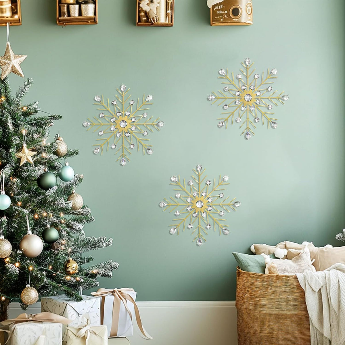 ZEXUIRU 3 Set Snowflake Wall Decor Living Room Bedroom Entryway Metal Bling, Crystal Rhinestone Starburst Sunburst Sparkling Wall Art Decor Silver Metal Christmas Decoration-Gold 13in