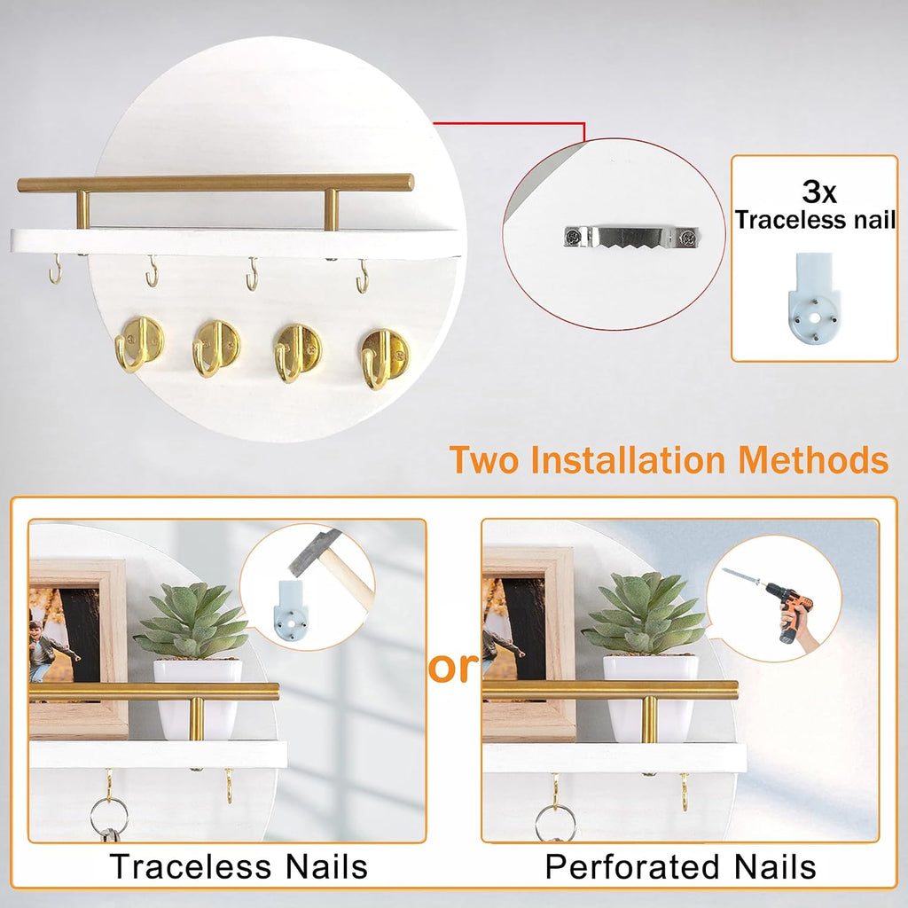 10.2" Key Holder Wall Mount with Shelf & Mail Organizer, 8 Hooks White