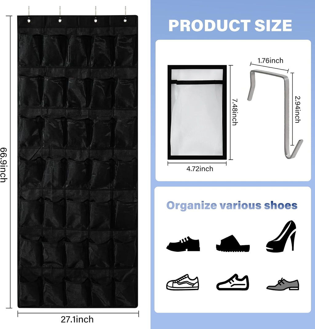 35 Pocket Over Door Shoe Organizer with 4 Metal Hooks（Black）