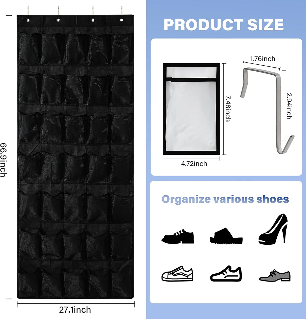 35 Pocket Over Door Shoe Organizer with 4 Metal Hooks（Black）