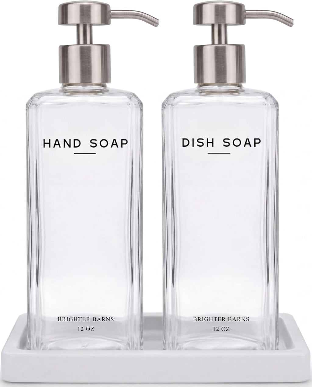 Glass Hand and Dish Soap Dispenser Set by Brighter Barns - 12oz Modern Kitchen Soap Dispenser, Stainless Steel Pump - Minimalist Home Decor for Hotel, Restaurant, Vacation Rental, Gifts (Clear/Silver)