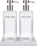 Glass Hand and Dish Soap Dispenser Set by Brighter Barns - 12oz Modern Kitchen Soap Dispenser, Stainless Steel Pump - Minimalist Home Decor for Hotel, Restaurant, Vacation Rental, Gifts (Clear/Silver)