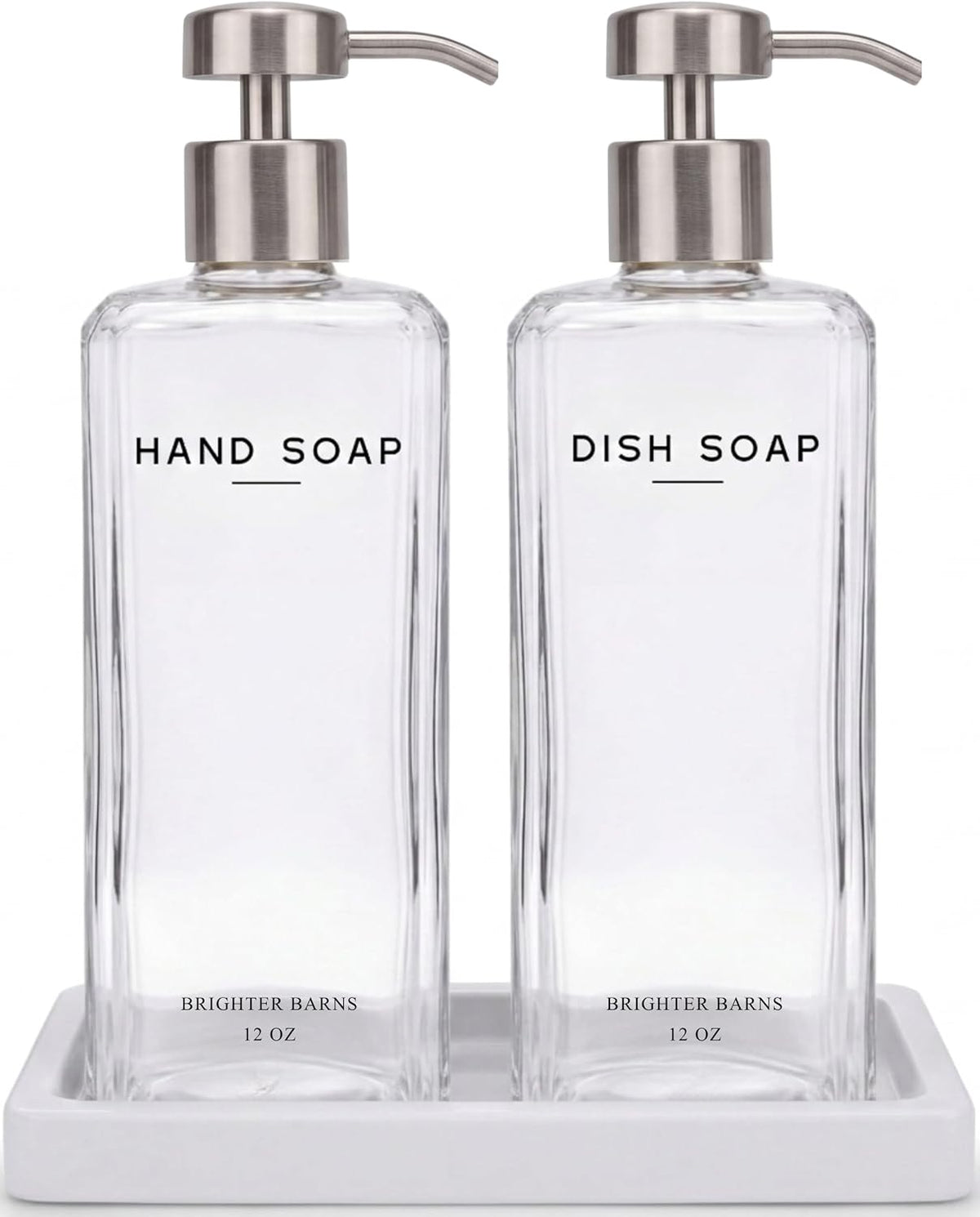 Glass Hand and Dish Soap Dispenser Set by Brighter Barns - 12oz Modern Kitchen Soap Dispenser, Stainless Steel Pump - Minimalist Home Decor for Hotel, Restaurant, Vacation Rental, Gifts (Clear/Silver)