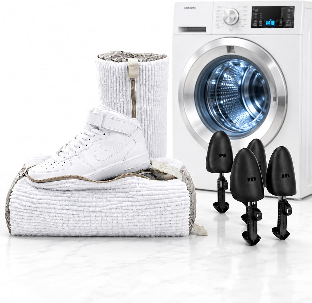 Sneaker Washing Machine Bag for Shoes, 360° Deep Cleaning Microfiber Laundry Bag with Secure Zipper, Reusable Shoe Washer Bag, Includes 4 Adjustable Shoe Trees & 2 Bags