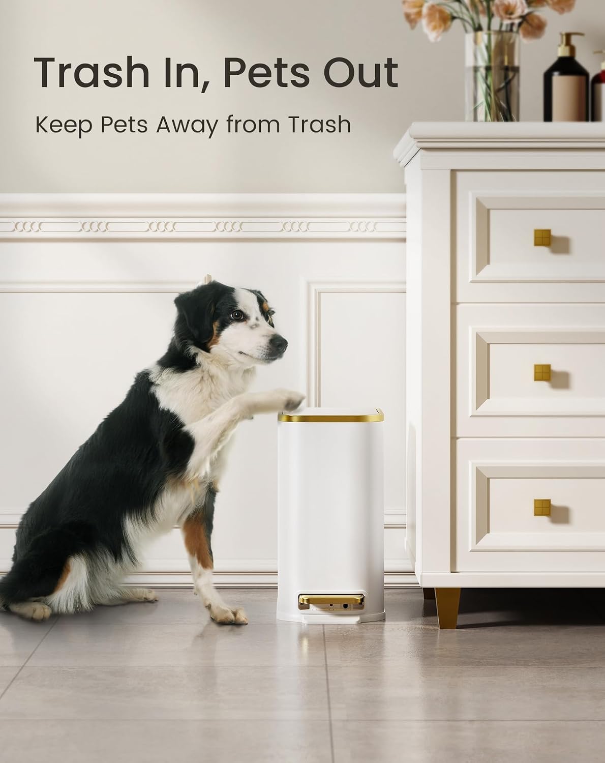 Cesun Small Bathroom Trash Can with Gold Grimmed Lid & Pedal, 1.3Gal, White