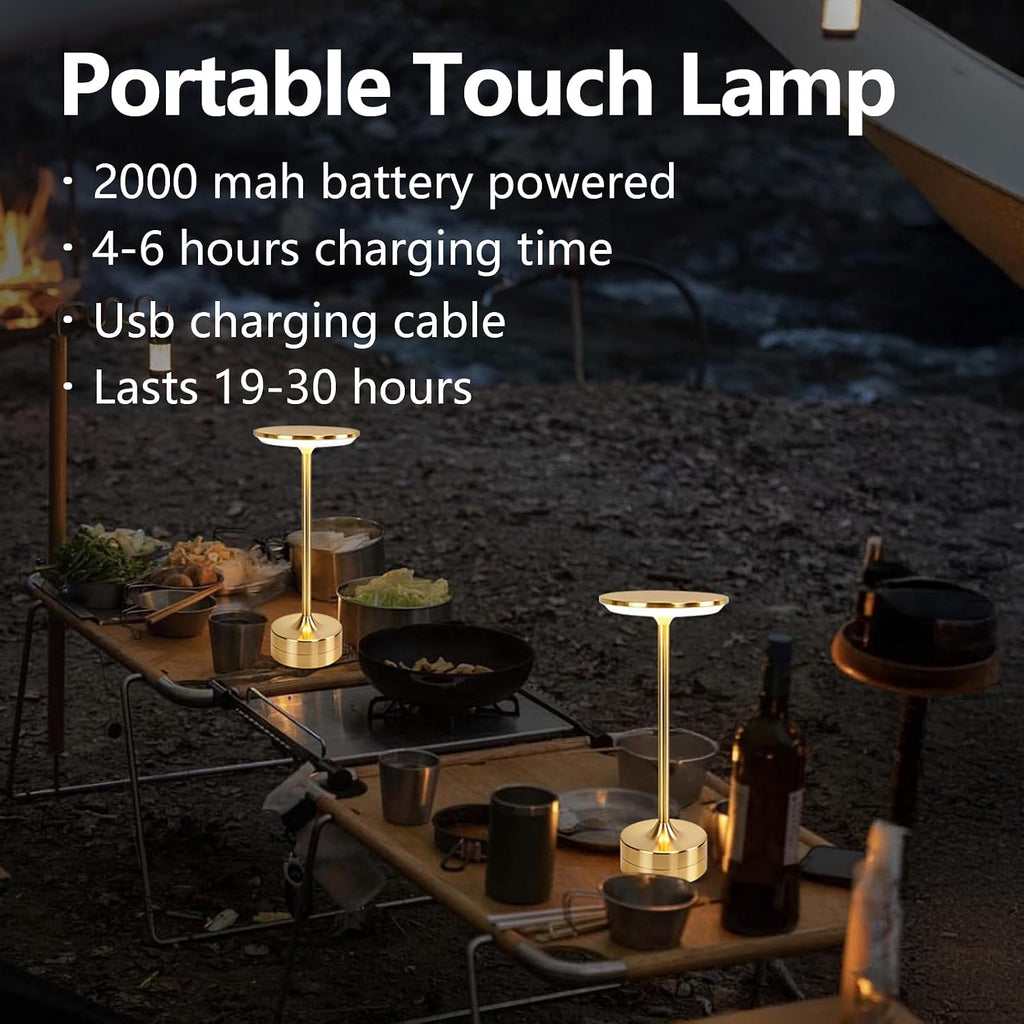 Small Table Lamp, Portable Metal Table Lamp, Cordless Rechargeable Table Lamp , 3 Color Stepless Dimmable Atmosphere Table Lamps for Patio, Camping, Coffee table decor lamp for Indoor/Outdoor（Gold)