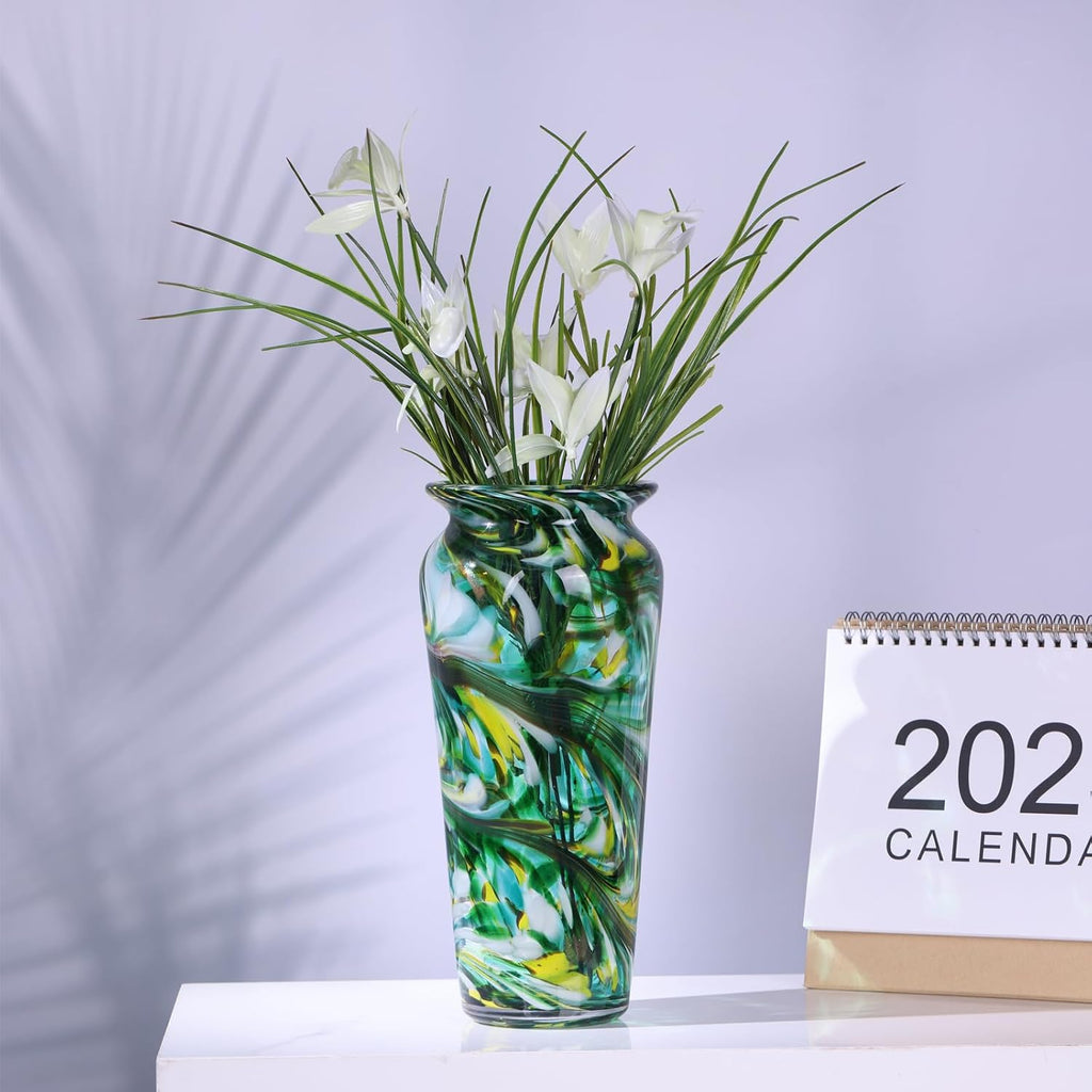 Green Hand Blown Glass Vase – Tall Speckled Decorative Centerpiece in Murano Style for Dining Table, Coffee Table, Mantel, Entryway, or Bookshelf in Coastal or Modern Decor (Green)