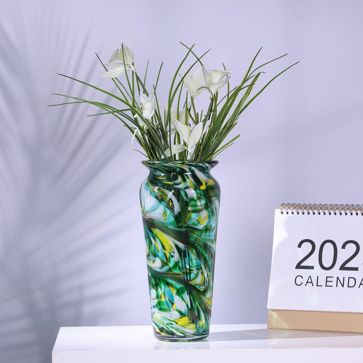 Green Hand Blown Glass Vase – Tall Speckled Decorative Centerpiece in Murano Style for Dining Table, Coffee Table, Mantel, Entryway, or Bookshelf in Coastal or Modern Decor (Green)