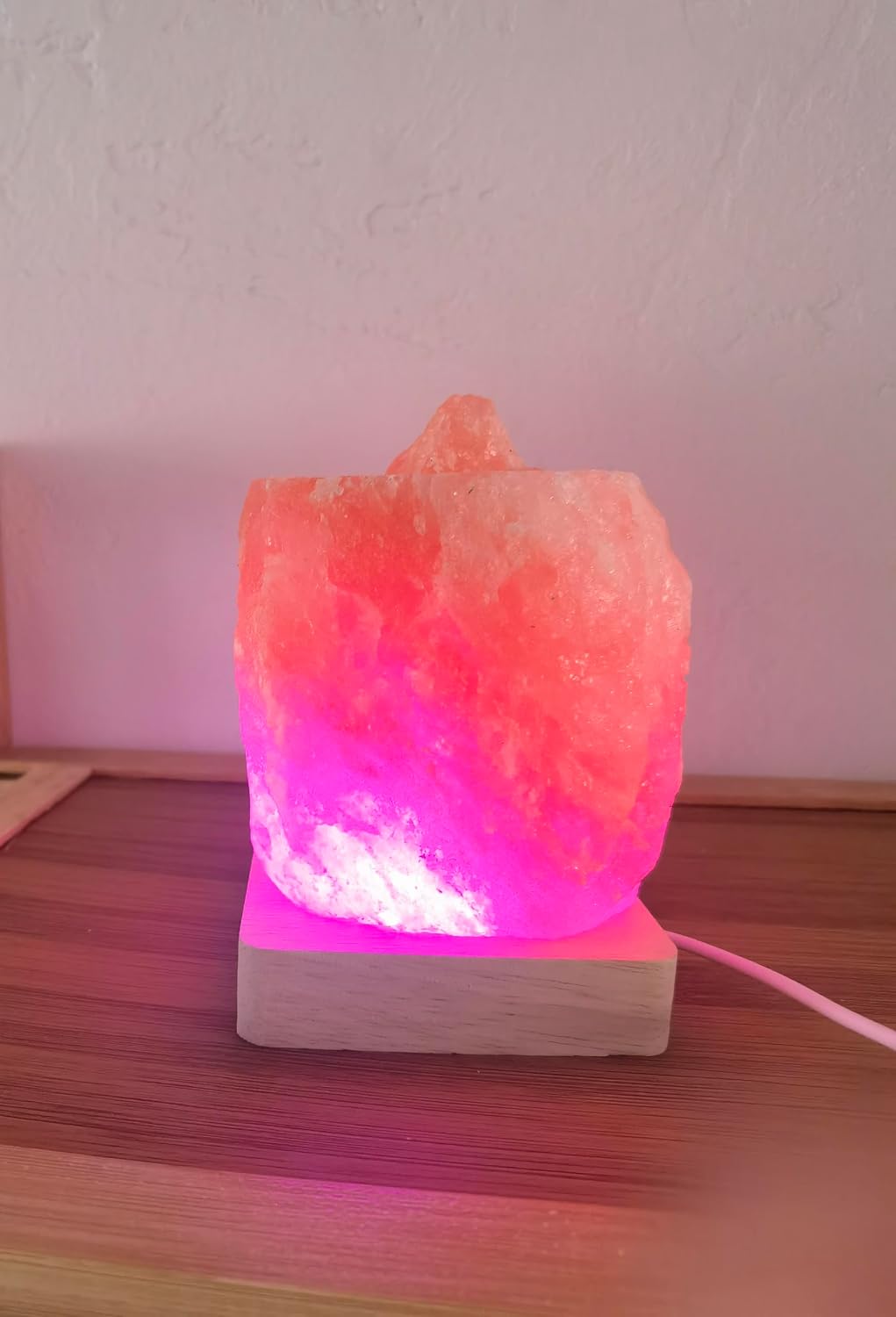 USB Colour Gradient Himalayan Salt lamp,Solid Wood Based Atmosphere Decoration Natural Shape Salt lamp with Remote Control, Natural Crystal Stone Bedside Night Light, Handmade Crafts.