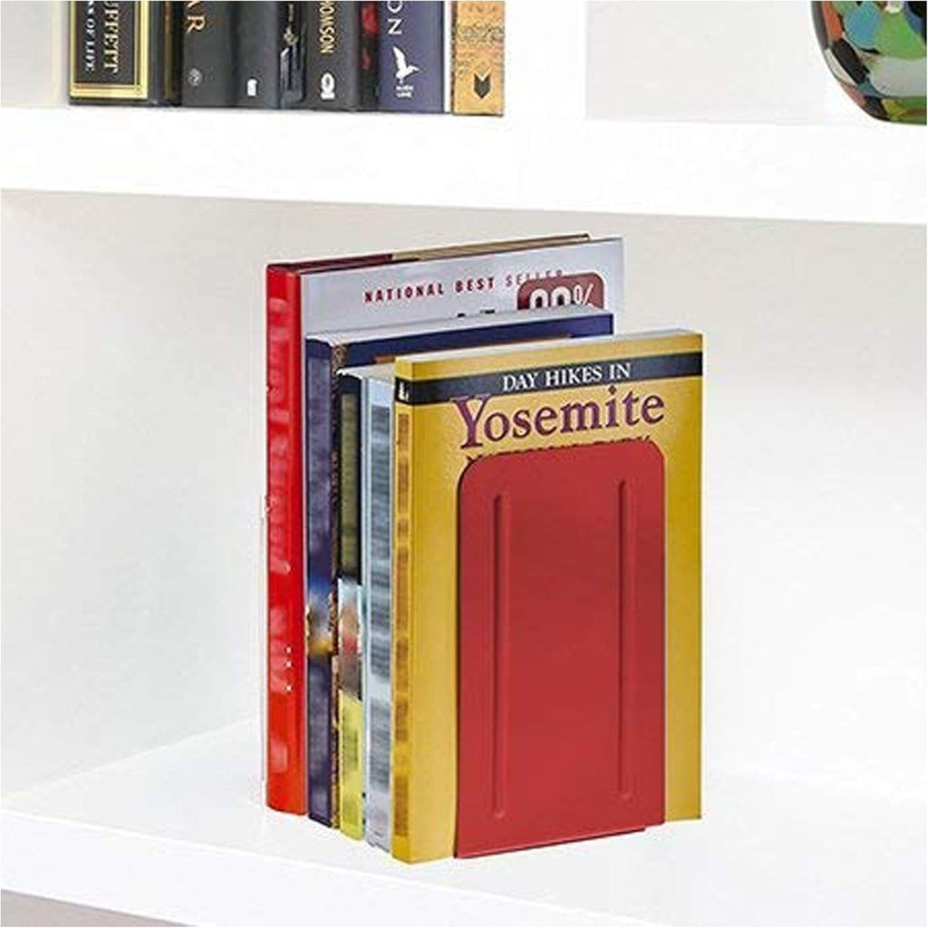Acrimet Bookends for Shelves, Non-Skid Book Holder, Heavy Duty Book Stopper, Steel Metal Book Ends Storage for Home, Library, 6 7/8" H x 4" W x 4 1/2" D (Red) (1 Pair / 2 Pieces)