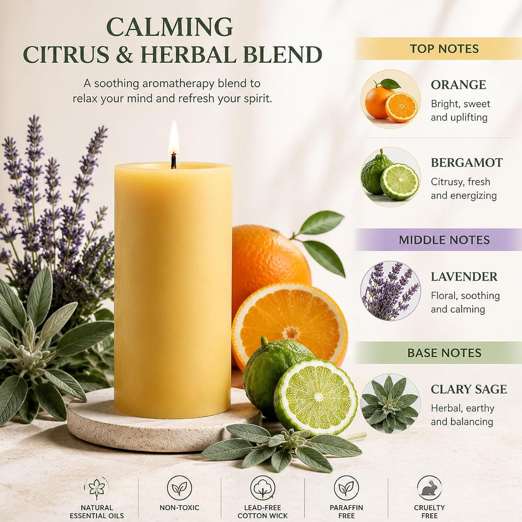Bergamot Beeswax Blend Pillar Candle, Up to 90 Hours