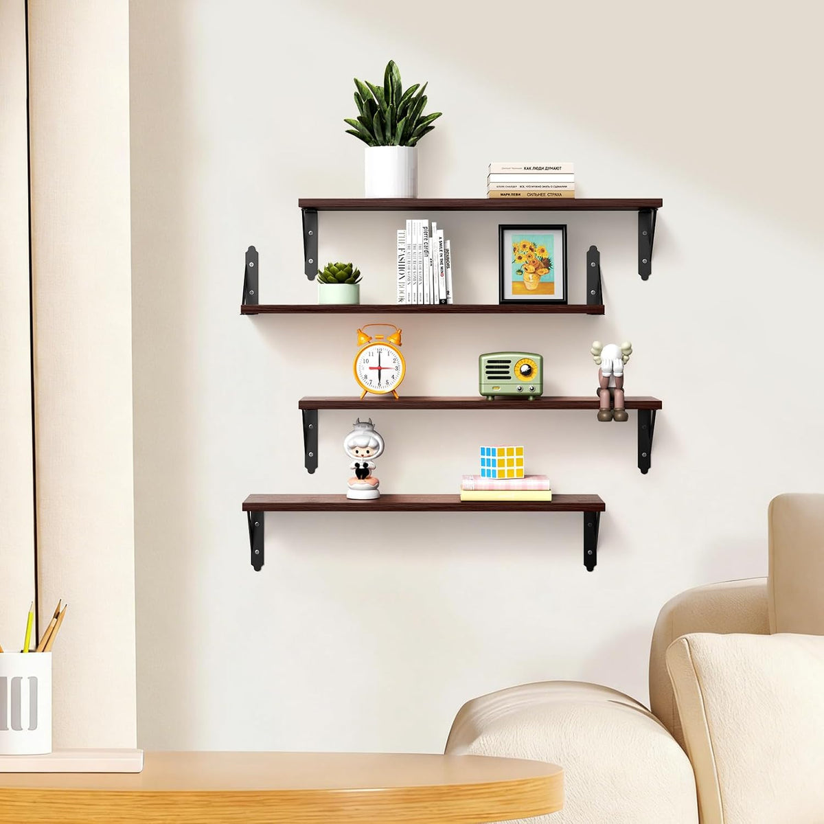 ROMGUAR CRAFT Wood Wall Floating Shelves Set of 4, 23.6" x 6" - Brown