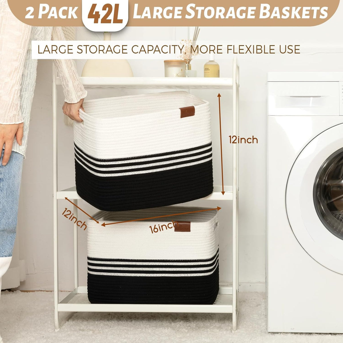 Storage Baskets, 42L*2 Pack Storage Baskets for Organizing, Laundry Basket for Closet, Cotton Rope Blanket Basket for Storage, Toy Storage Basket for Living Room, Laundry Room, Bedroom-Black