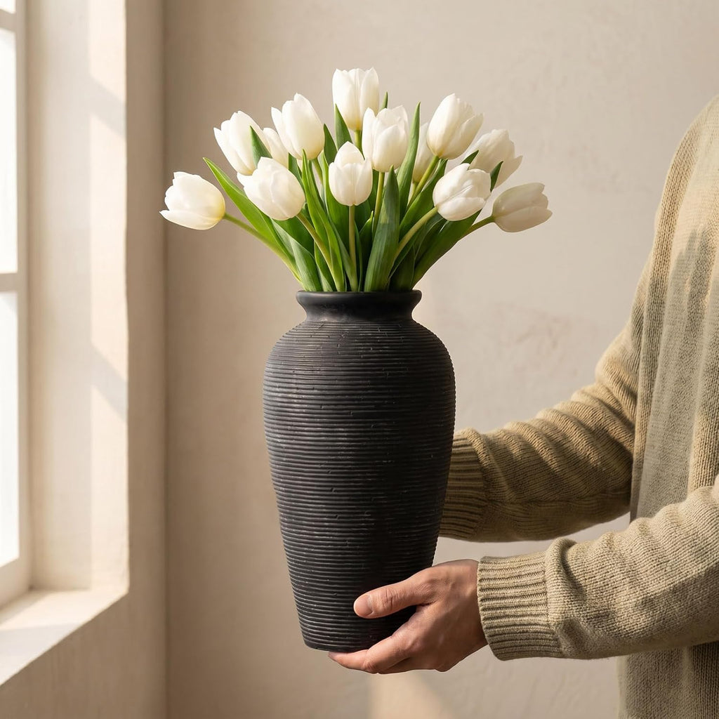 11.02 Inch Tall Vintage White Ceramic Flower Vase, Rustic Farmhouse Beige Stone Texture Vase for Home Decor, Decorative Terracotta Vase for Table Centerpiece Living Room Bathroom (Black-11.02'')
