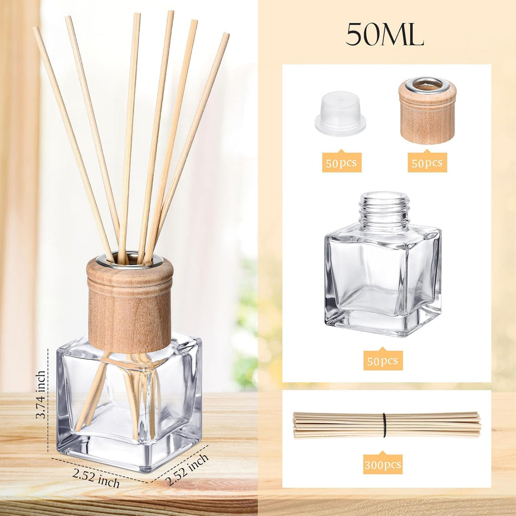 Roshtia 50 Set Reed Diffuser Bottles 50ml Glass Wooden Caps Rattan Sticks