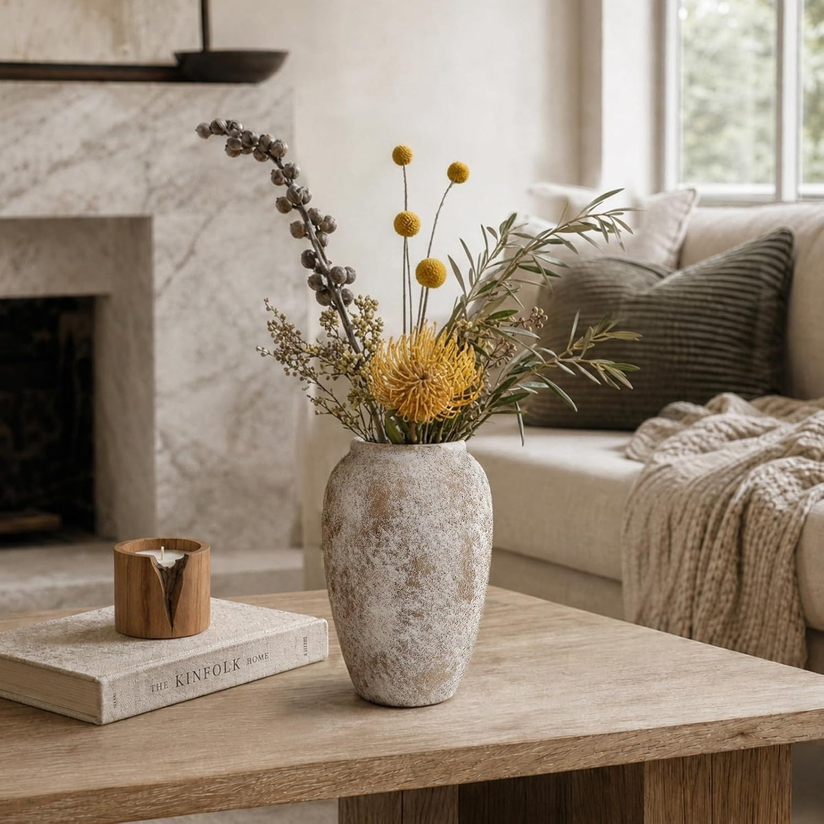 DOWAN 8.3'' Rustic Vintage Ceramic Vase for Home Decor, Distressed Minimalist Textured Farmhouse Accent for Living Room, Table, Shelf, Mantel & Entryway, Decorative Flower Vase, Gray