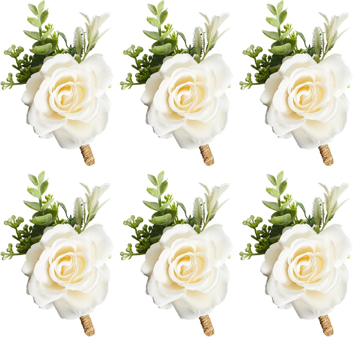 Gvhntk Ivory Rose Boutonniere for Men Wedding Set of 6 Groom Groomsmen Best Man Artificial Flowers Boutonniere for Wedding Ceremony Anniversary Prom Flowers Formal Dinner Party (6, White, Middle)