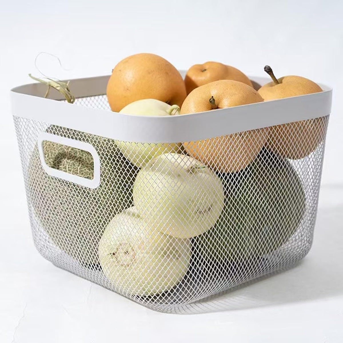AJIODA Metal Mesh Steel Baskets, Household Wire Storage Organizer Bin Garden Harvest Basket Multi-functional Fruit Baskets with Handles for Kitchen Bathroom Picnic Shopping Decor Cabinet Home, White