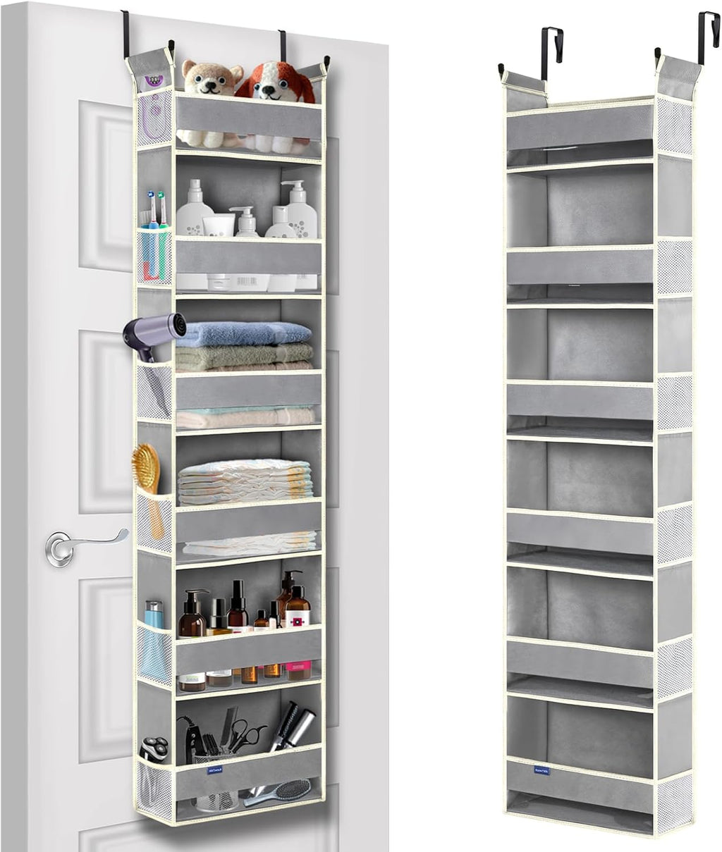 Over The Door Organizer 6-Shelves and 12 Side Pockets, Over The Door Storage for Bathroom Bedroom Nursery, Hanging Door Organizers for Baby Diapers and Kids Toys (13"x5"x54", Grey)