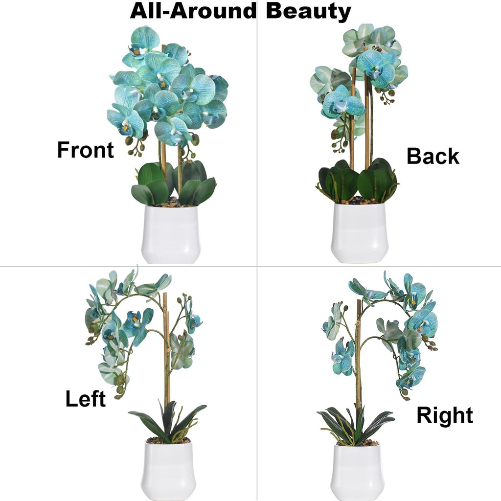 18.5" Teal Blue Faux Orchid Flowers Arrangement in Matte White Pot