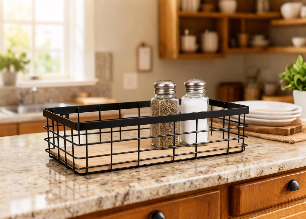 ShabbyDecor Farmhouse Metal Wire Basket with Detachable Wood Base,Small
