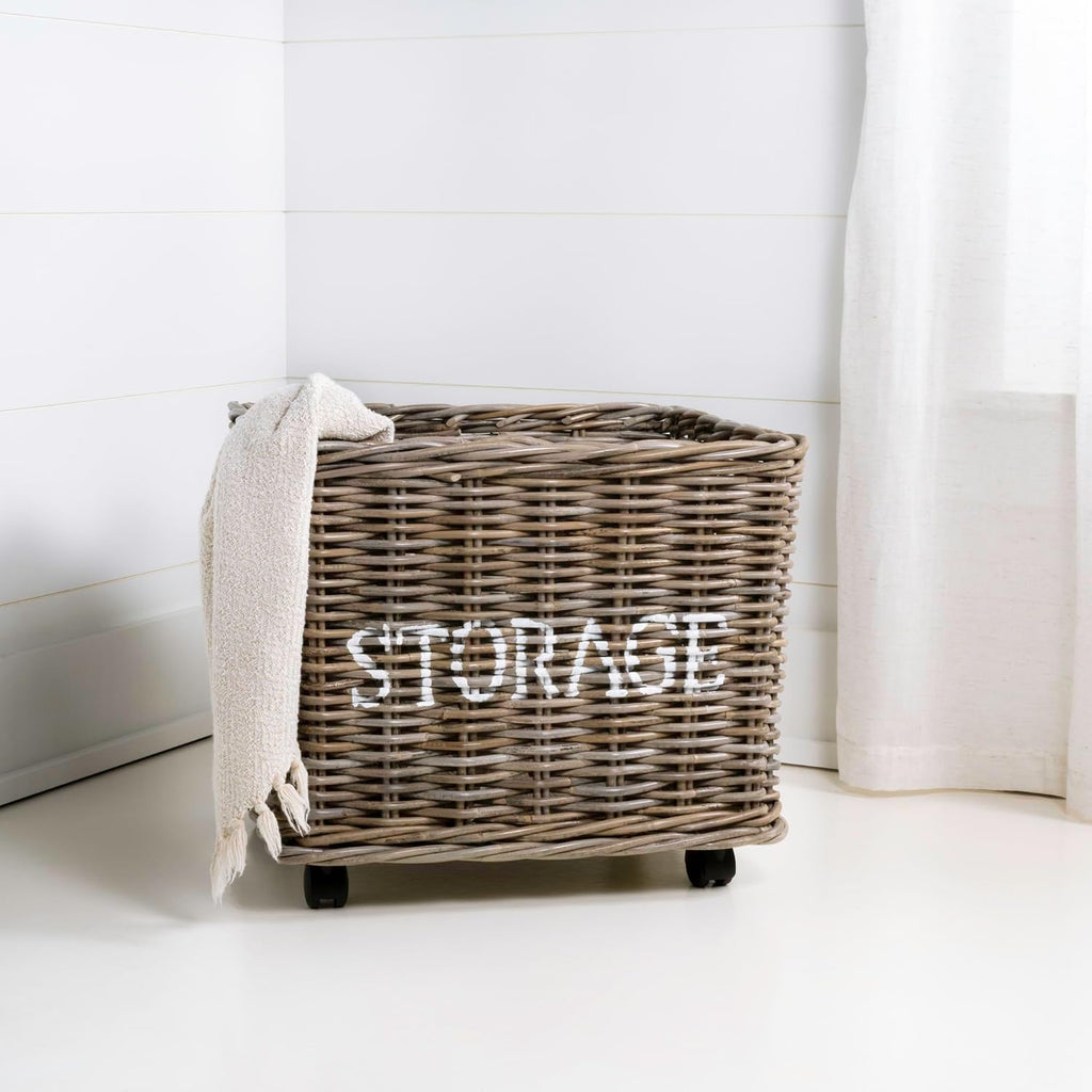 happimess Yael Coastal Hand-Woven Rattan Basket with Wheels, Kubu Gray