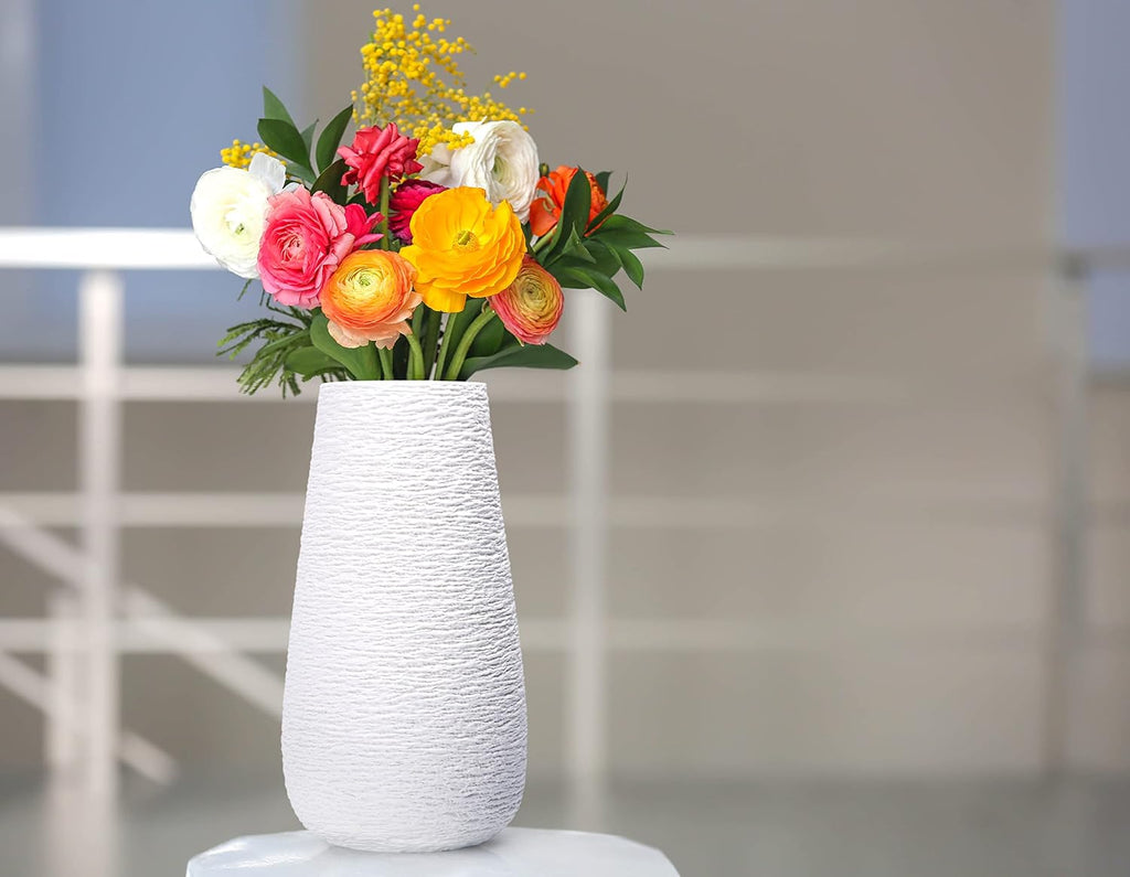 D'vine Dev 12 Inch Textured White Elegant Oval Ceramic Vase for Flowers, Home Décor Vase with Design Box, VS-LD-C-1