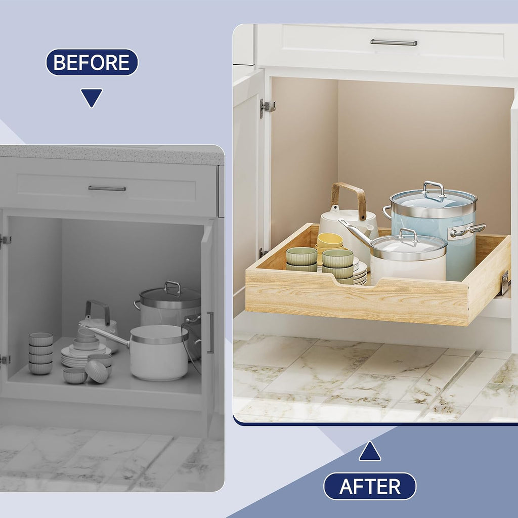 Pull Out Cabinet Organizer, 22.5 in W x 21 in D Solid Wood Slide Out Drawer, Soft Close Sliding Shelf, Bottom or Side Mount for Kitchen Pantry Bathroom, Fits 23.5 in Cabinet Opening