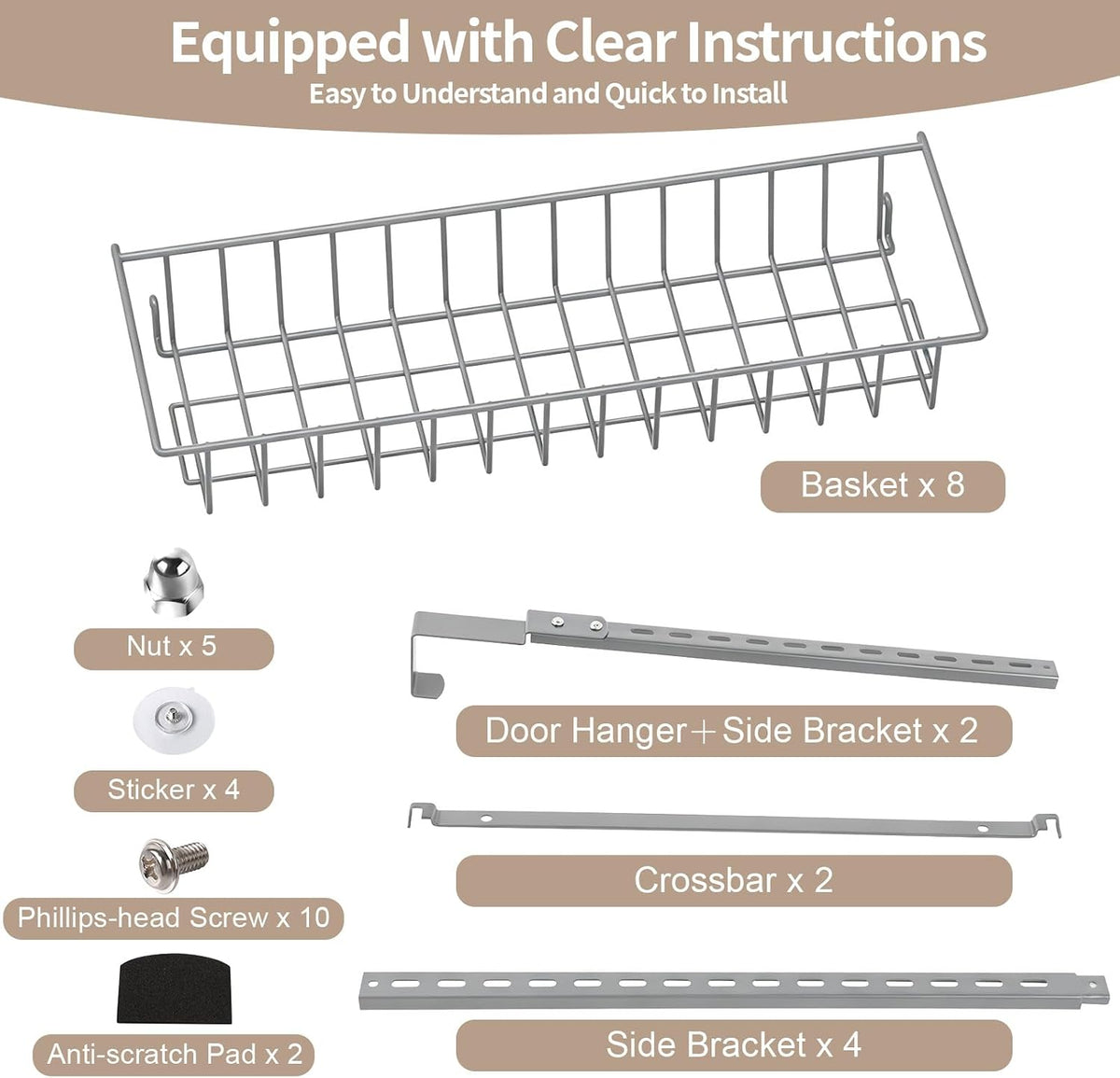 ElegantArray 8-Tier Pantry Door Organizer Hanging Storage Basket Light Gray