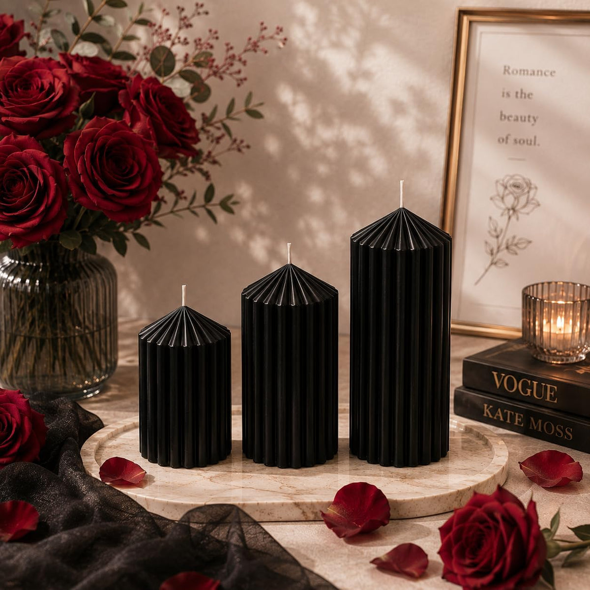 Black Ribbed Pillar Candles Set of 3, Halloween Candles Decor Unscented